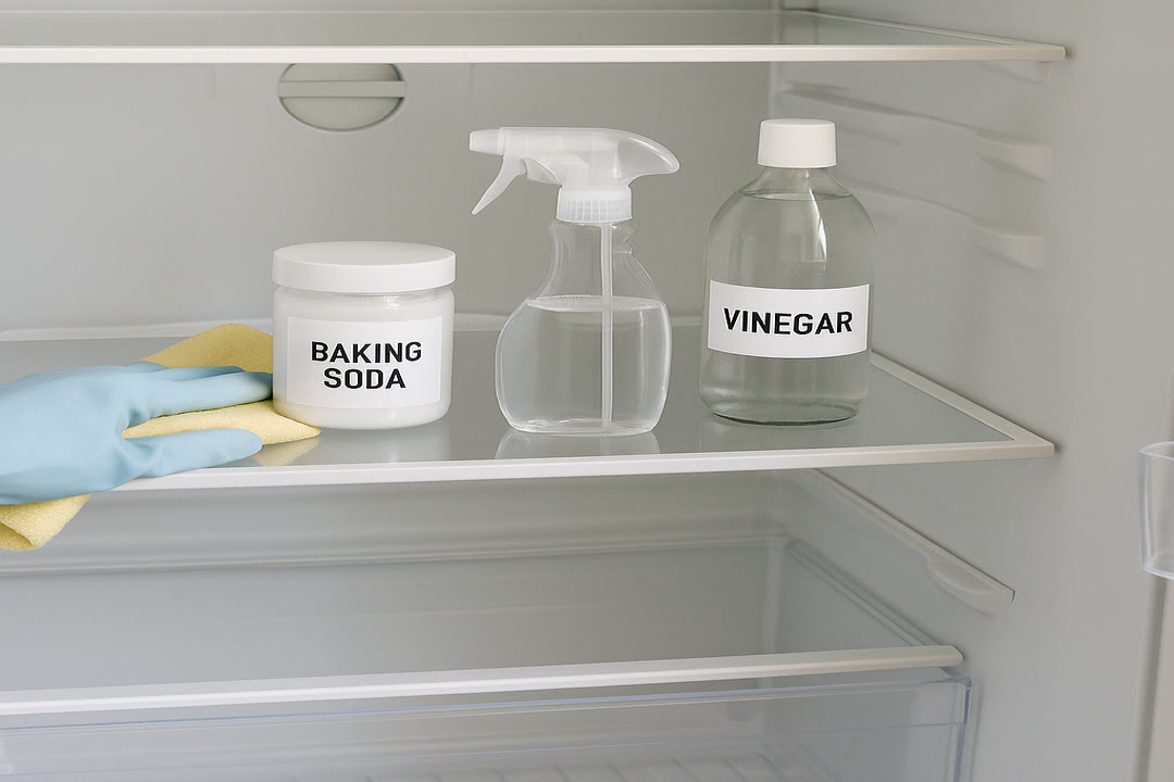 비어있는냉장고안에베이킹소다통과분무기식초가있고하늘색장갑을낀손이청소하는사진