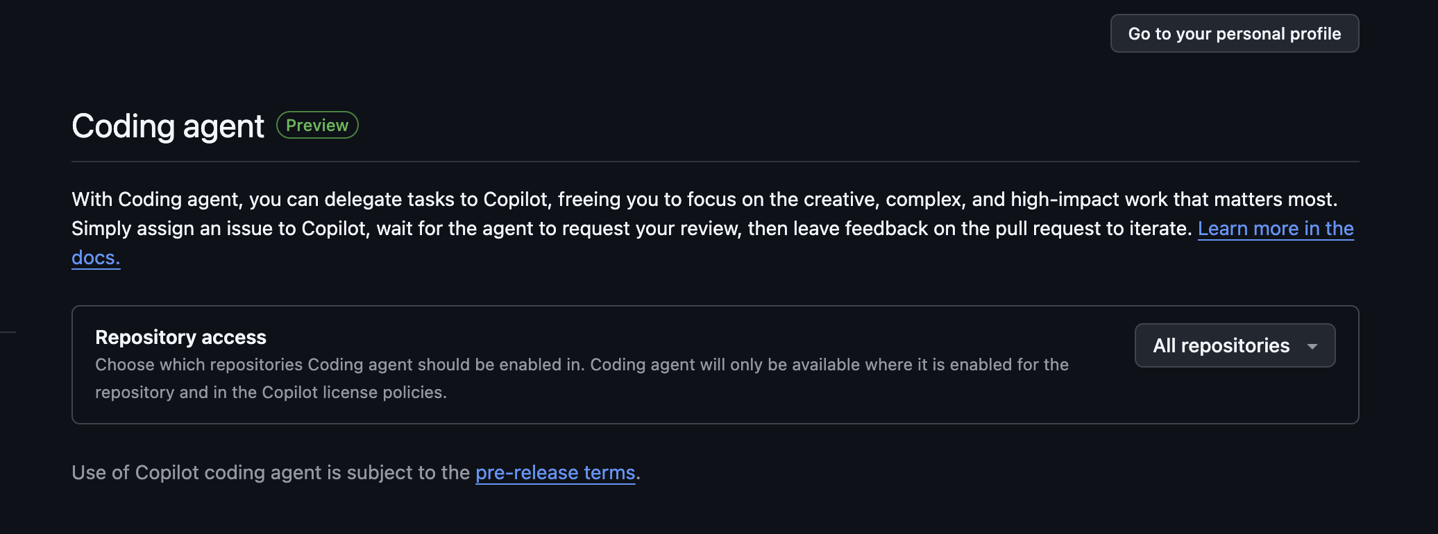 GitHub에서 Coding Agent설정하기 - GitHub > Setting > Copilot > Coding Agent