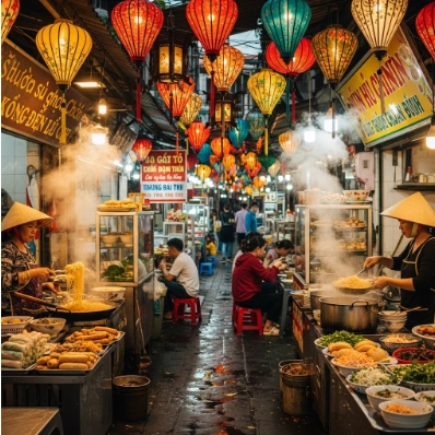 활기 넘치는 베트남 길거리 음식 골목에서 현지인들이 다양한 베트남 음식을 즐기는 모습. 다채로운 음식과 활기찬 분위기가 어우러져 베트남 미식 경험을 기대하게 합니다.