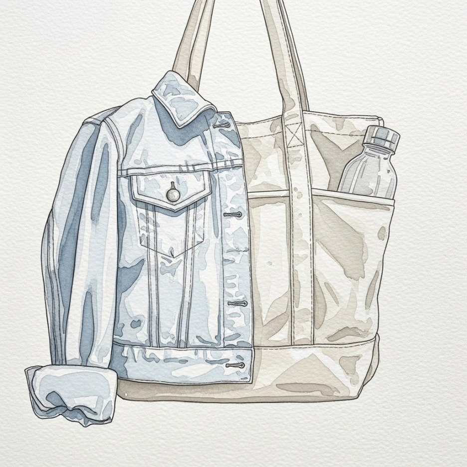 가벼운 겉옷과 물병이 담긴 소지품 꾸러미를 그린 수채화