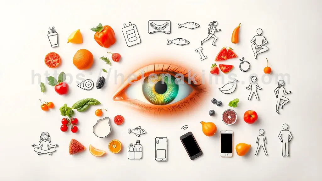 건강하게 빛나는 눈, 눈 주변으로는 눈에 좋은 음식(신선한 채소, 베리류, 생선), 규칙적인 운동(요가, 조깅), 명상 자세, 스마트폰을 잠시 내려놓은 듯한 아이콘들이 조화롭게 배열된 이미지.