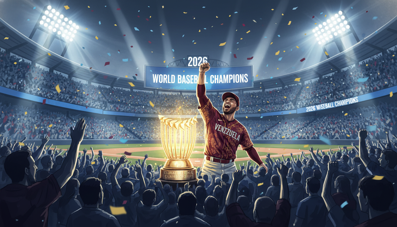 2026 WBC 우승 트로피를 들어올리며 환호하는 베네수엘라 야구 선수의 일러스트