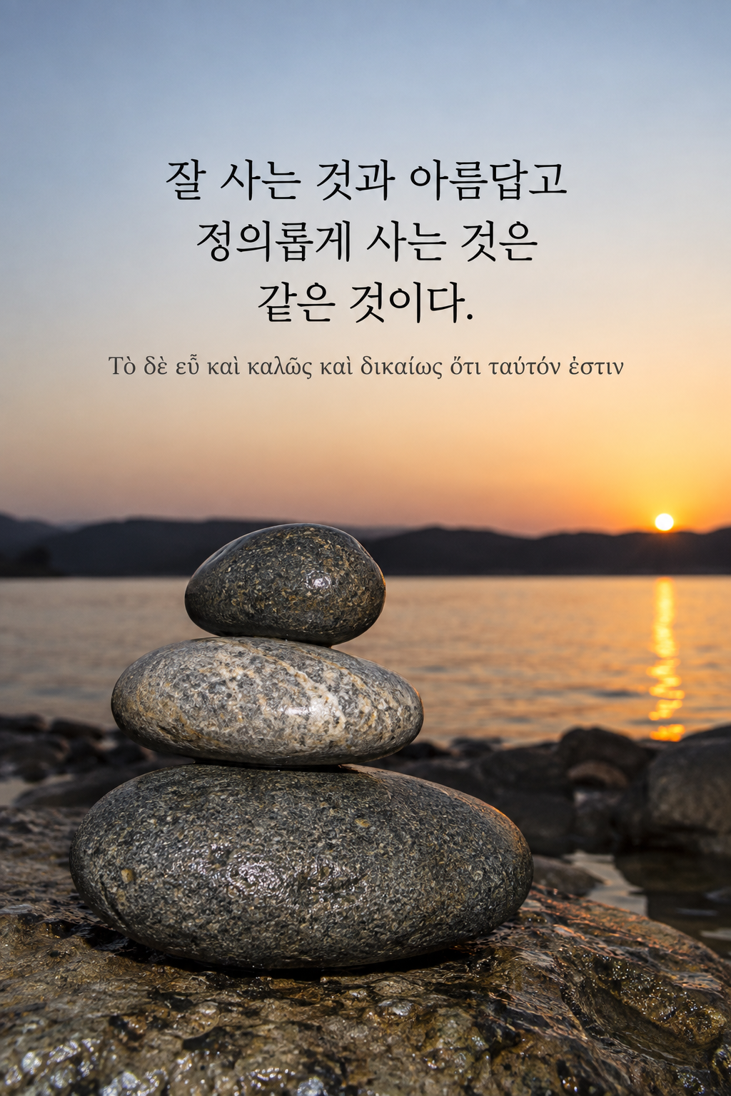 소크라테스 명언 27 &mdash; 잘 사는 것과 아름답고 정의롭게 사는 것은 같은 것이다. &mdash; 균형 있게 쌓인 세 개의 돌