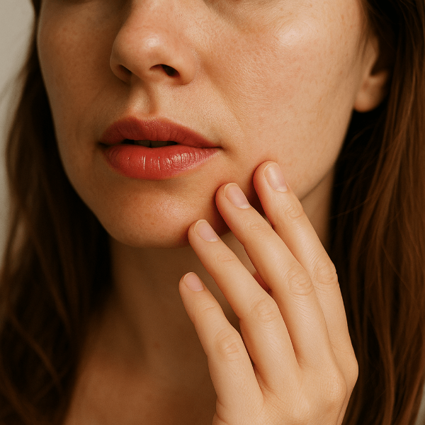 복숭아 알러지로 입술이 빨갛게 부푼 여성