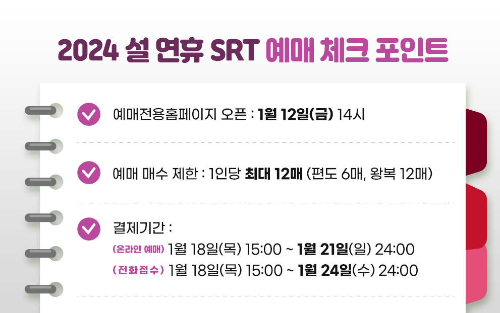 예매전용홈페이지 오픈 : 1월 12일(금) 14시
예매 매수 제한 : 1인당 최대 12매 (편도 6매, 왕복 12매)
결제기간 : 온라인 예매 1월 18일(목) 15:00 ~ 1월 21일(일) 24:00
전화접수 1월 18일(목) 15:00 ~ 1월 24일(수) 24:00
