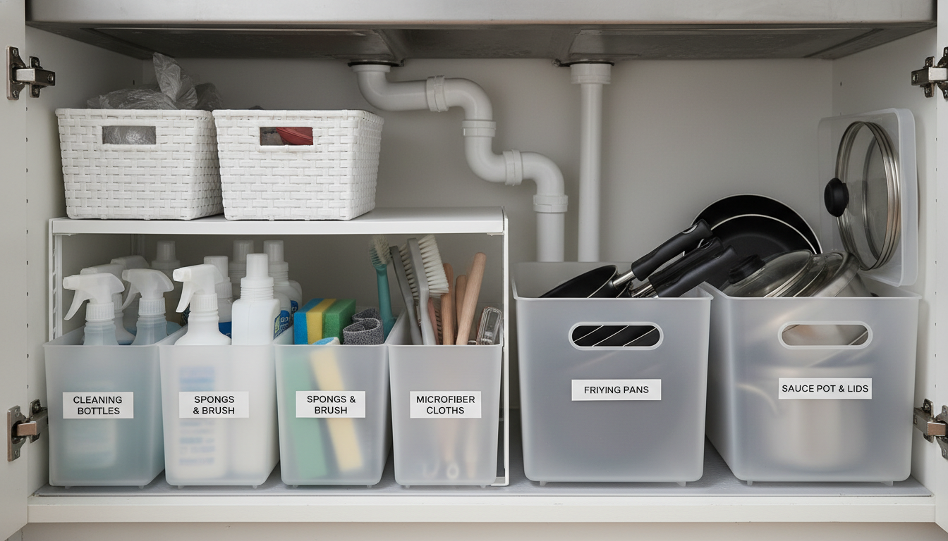 무인양품 폴리프로필렌 파일박스로 깔끔하게 정리된 싱크대 하부장