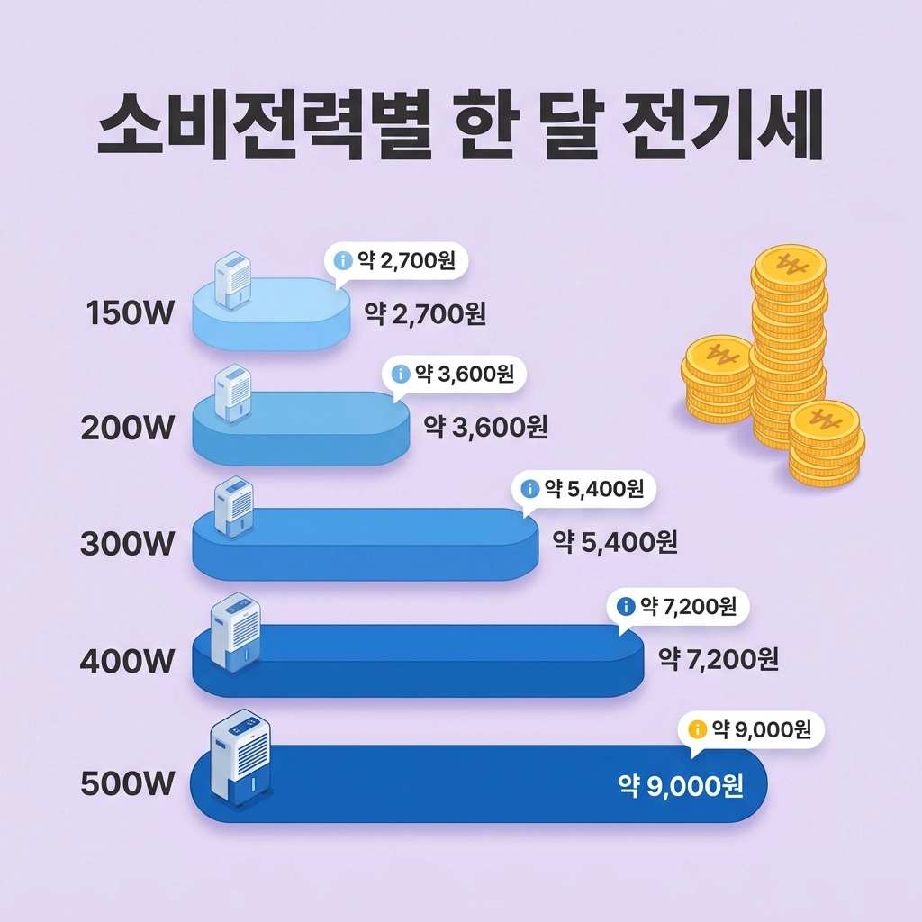 제습기 소비전력별 한 달 전기세 비교 차트 인포그래픽
