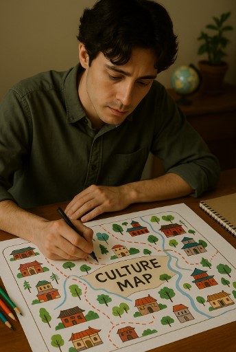문화지도를 만드는 청년이 책상 위 지도를 꾸미고 있는 모습