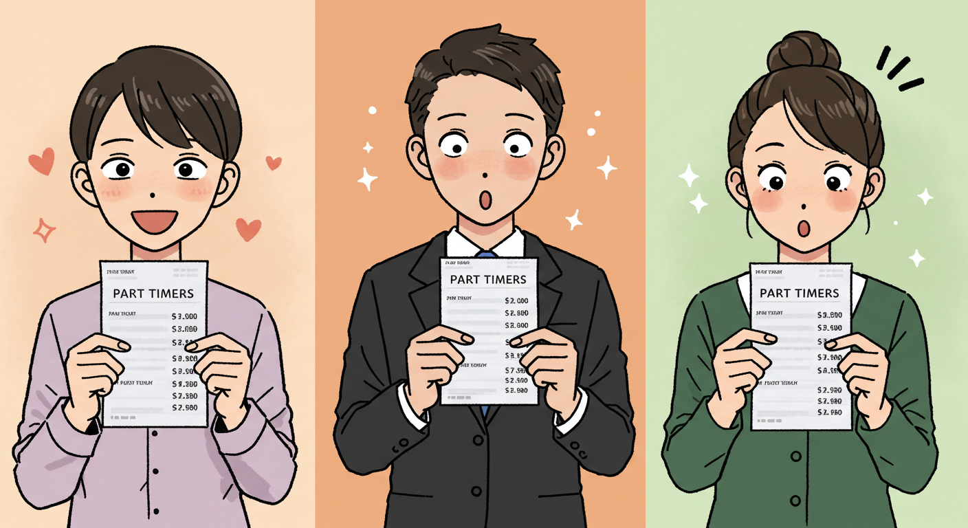 다양한 근로자가 유급휴일 수당 금액을 확인하는 모습