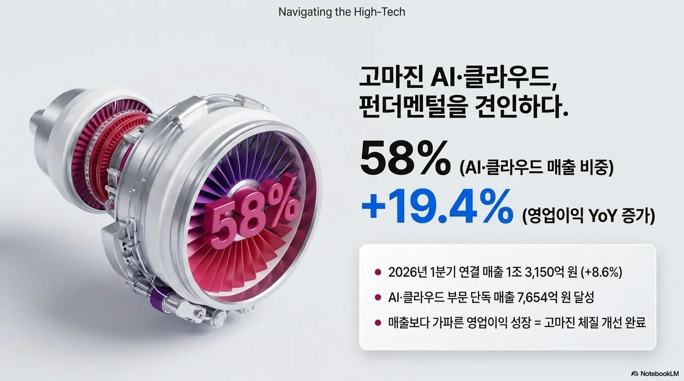 LG CNS 주가 전망: 고마진 AI&middot;클라우드 사업이 LG CNS 펀더멘털을 견인한다는 내용을 담은 이미지. AI&middot;클라우드 매출 비중 58퍼센트와 영업이익 19.4퍼센트 증가&amp;#44; 2026년 1분기 연결 매출 1조 3150억 원을 시각적으로 전달하며&amp;#44; 블로그의 LG 씨엔에스 본업 실적 분석과 관련된 내용을 설명함