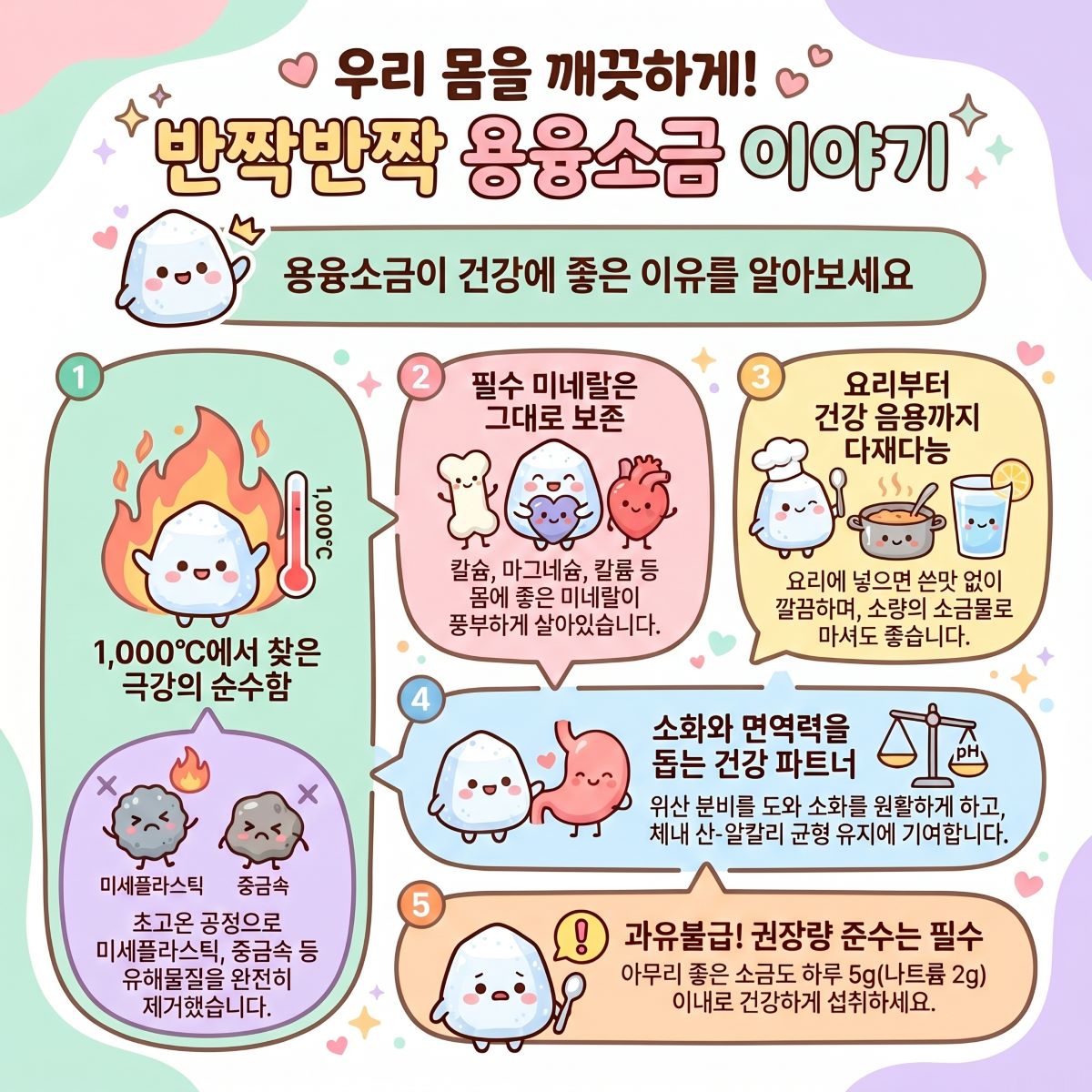 용융소금의 특징과 건강상 이점을 5가지 단계로 설명하는 인포그래픽입니다.