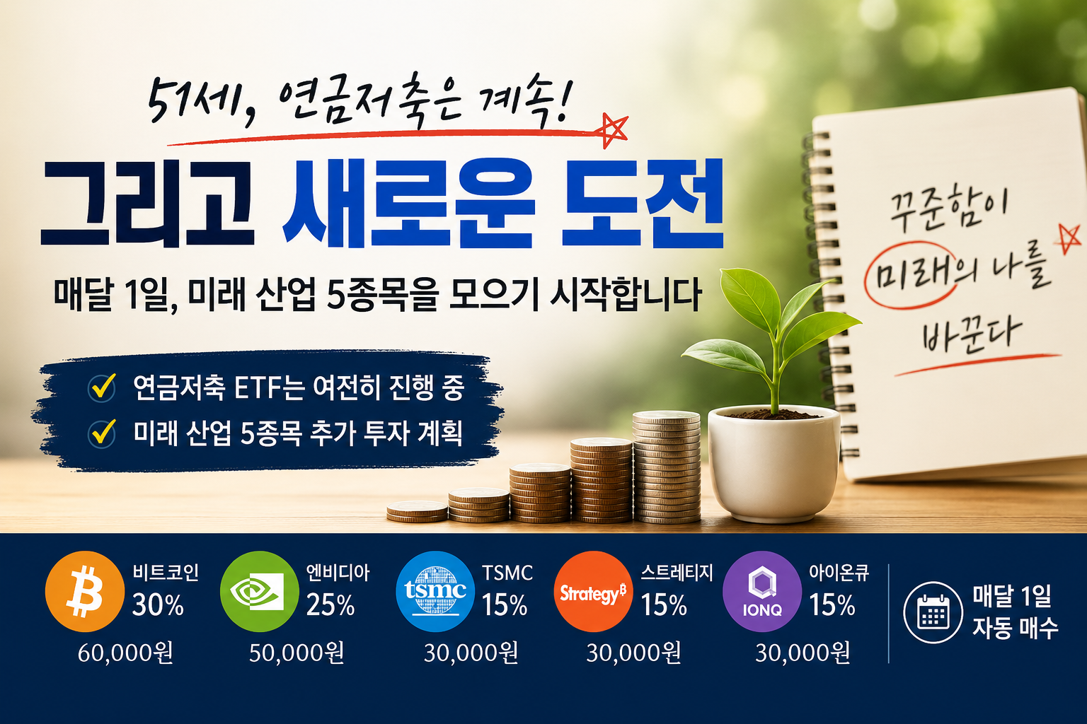 51세 직장인이 연금저축 ETF를 계속 적립하면서 비트코인, 엔비디아, TSMC, 스트레티지, 아이온큐를 매달 모아가는 은퇴 준비 투자 계획 이미지