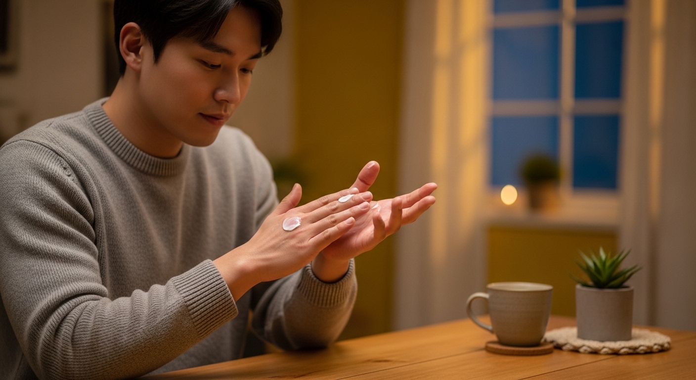 한국인-20대-남성이-겨울철-건조한-손등에-크림을-바르는-장면