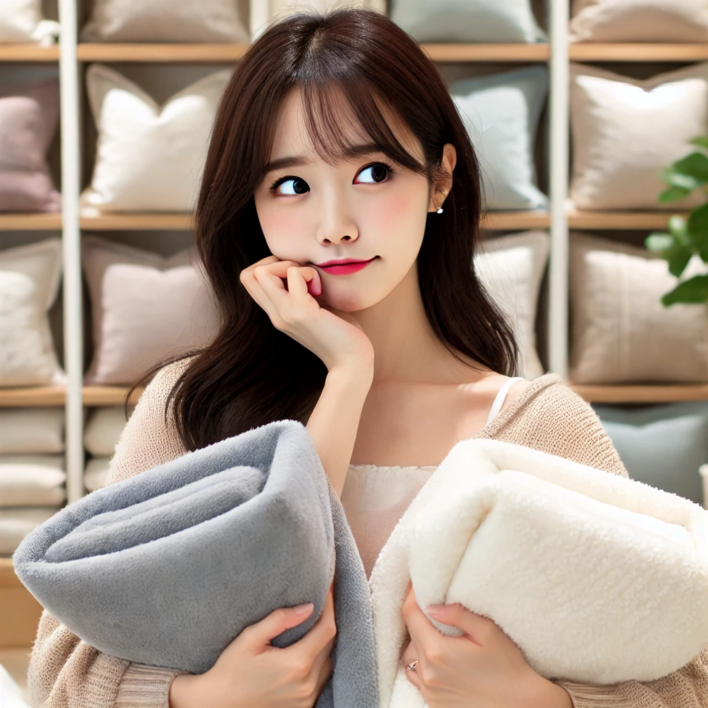 어떤 침구를 사야될 지 고민하는 여성