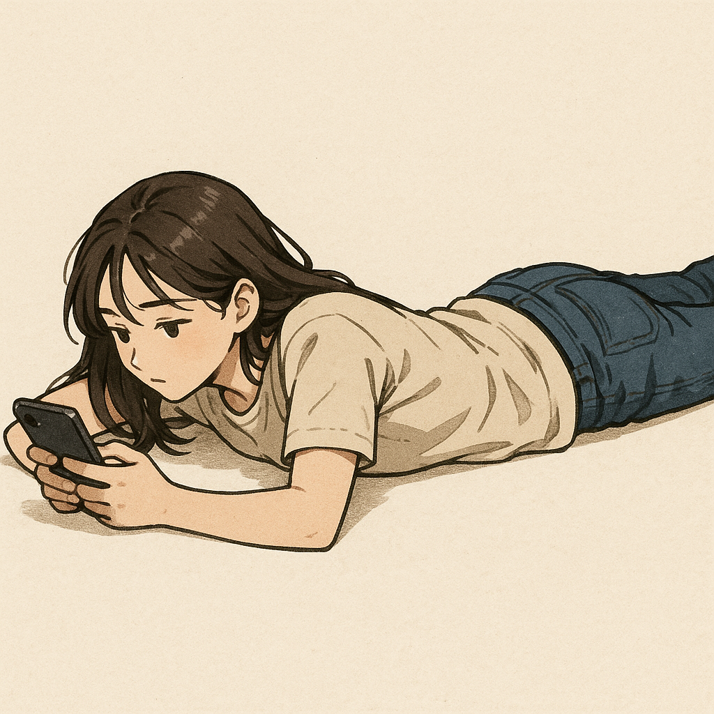 엎드려서 핸드폰 하는 사진