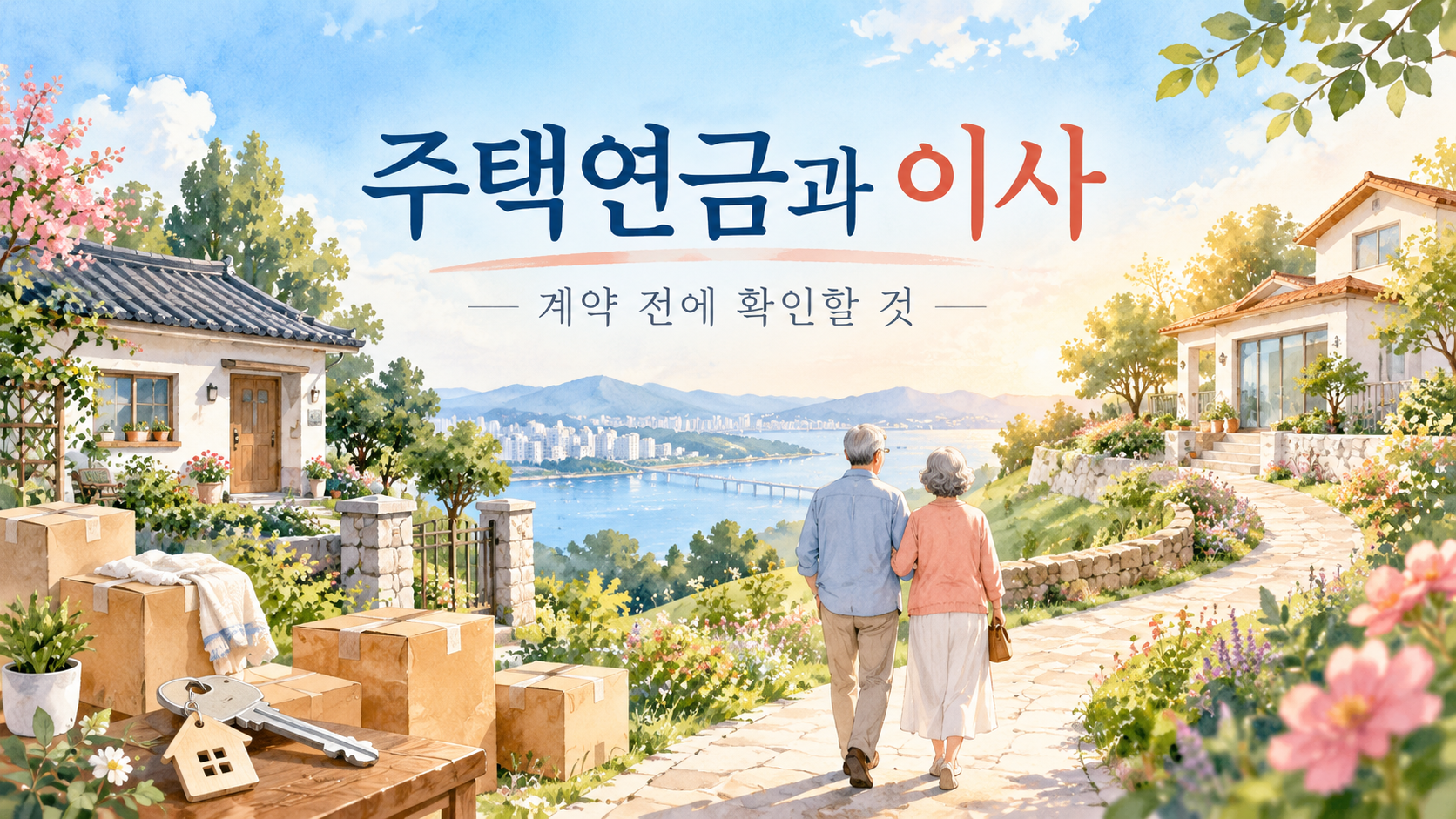 두 집 사이 길을 걷는 부부와 이사 상자&middot;열쇠를 그린 수채화, 주택연금과 이사 계약 전에 확인할 것