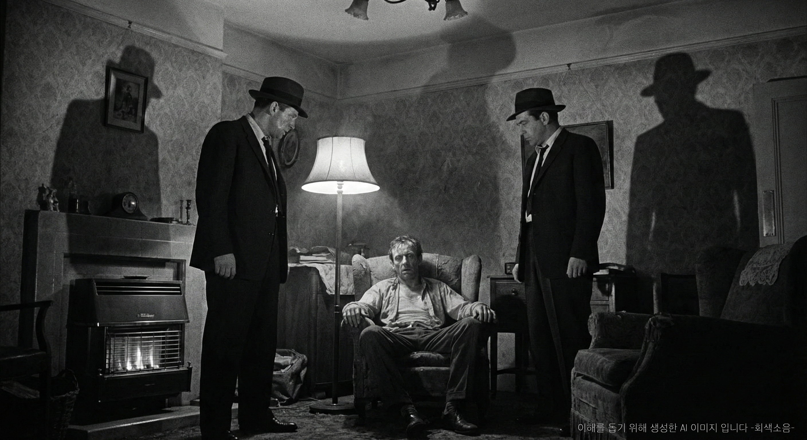 심문 : 1950년대 영국 하숙집 거실에서 탁한 조명 아래 겁에 질린 남자가 의자에 웅크리고, 양복 차림의 두 남자가 긴 그림자를 드리우며 위협적으로 서 있는 누아르 장면.