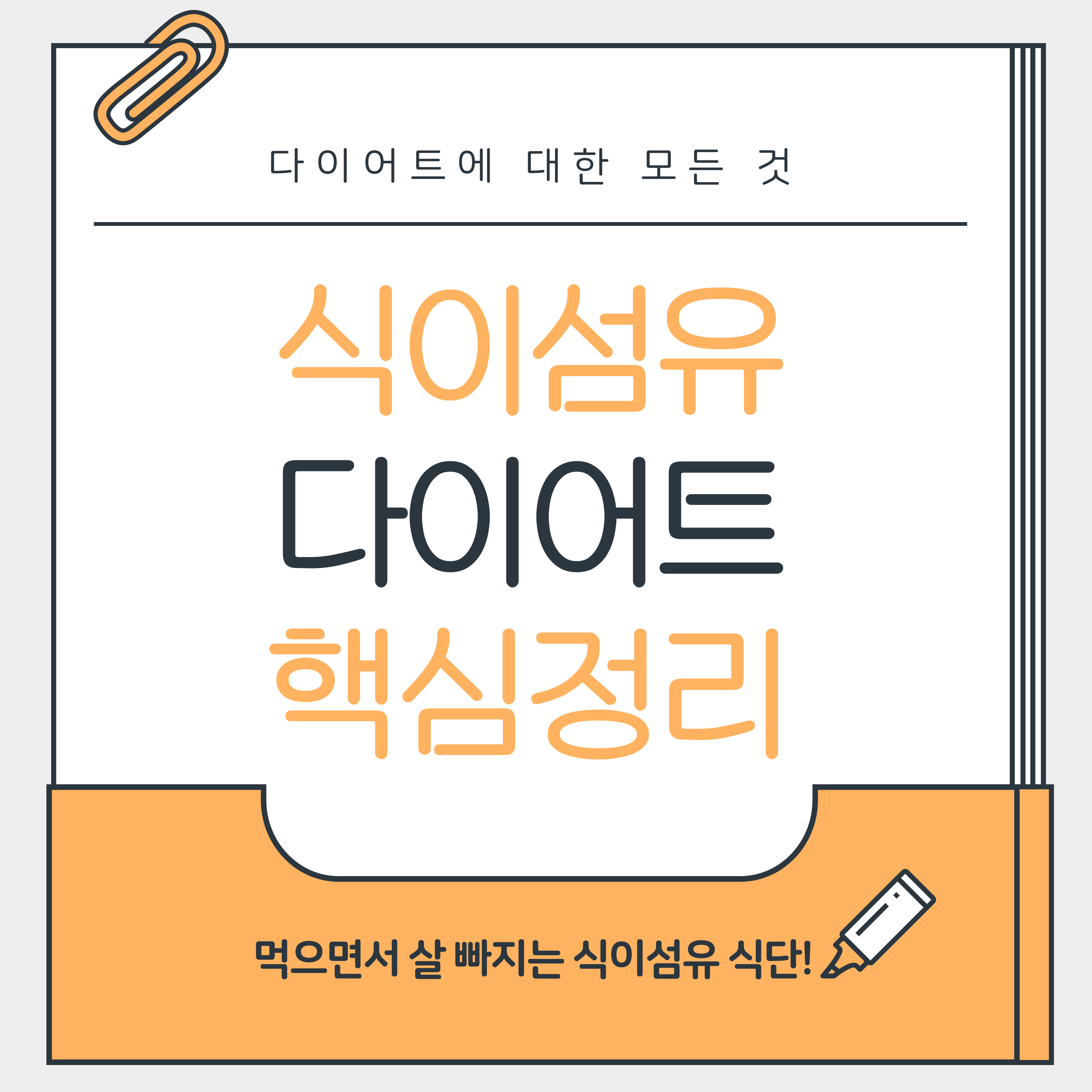 식이섬유 다이어트 핵심정리를 강조한 썸네일 이미지. '다이어트에 대한 모든 것'이라는 문구와 함께, '먹으면서 살 빠지는 식이섬유 식단!'이라는 부제 문구가 포함되어 있으며, 클립과 형광펜 아이콘이 디자인 요소로 들어가 있음.