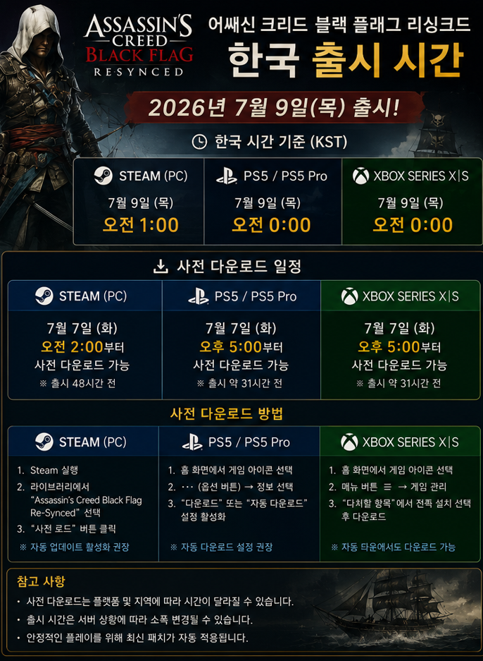 어쌔신 크리드 블랙 플래그 리싱크드 한국 출시시간