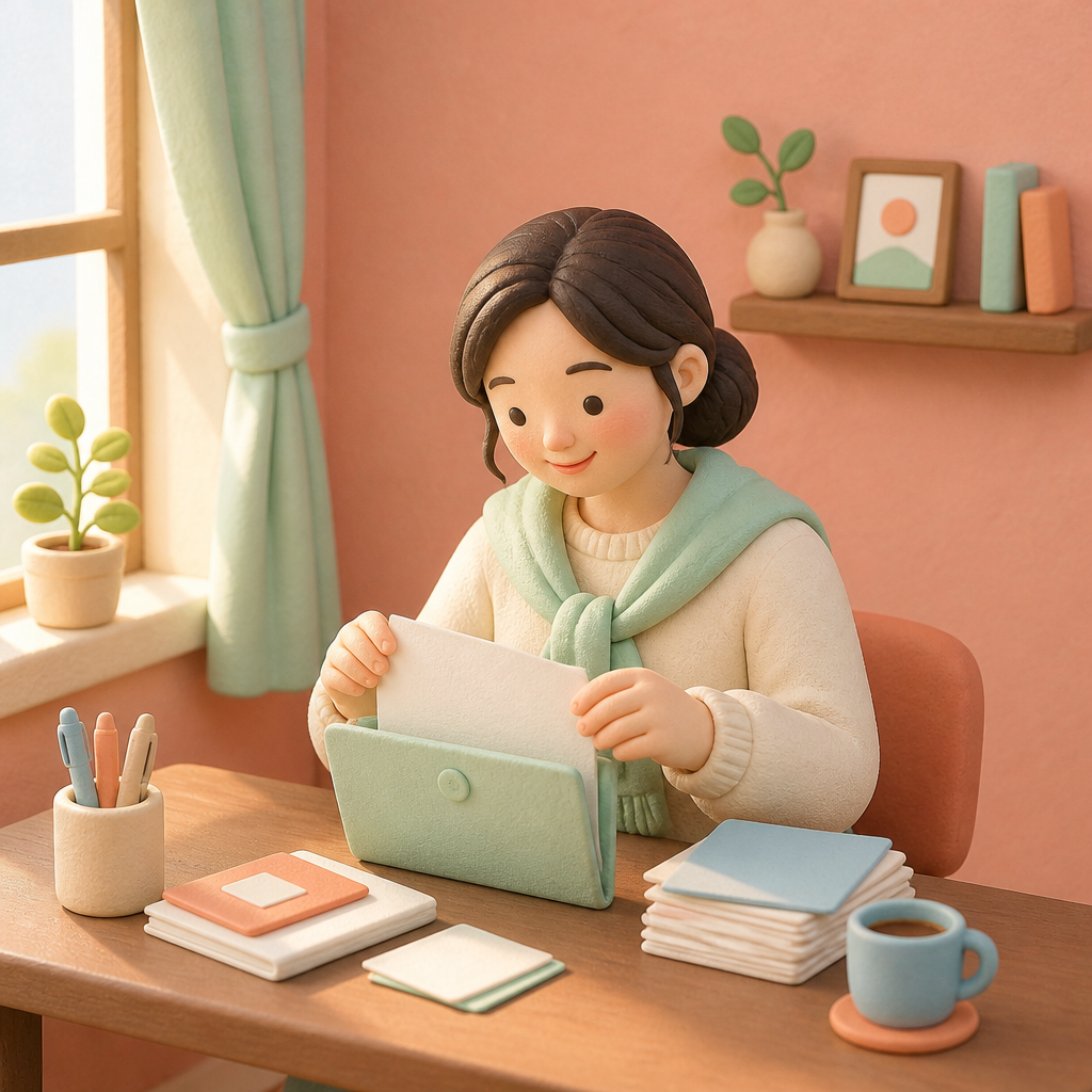 햇살 드는 원룸 책상에서 증권을 정리하는 성글이