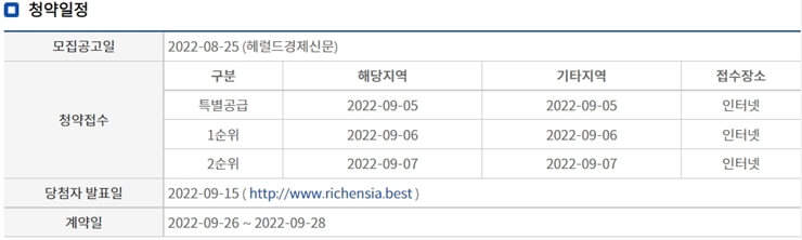 양산 금호 리첸시아 시그니처 청약일정표