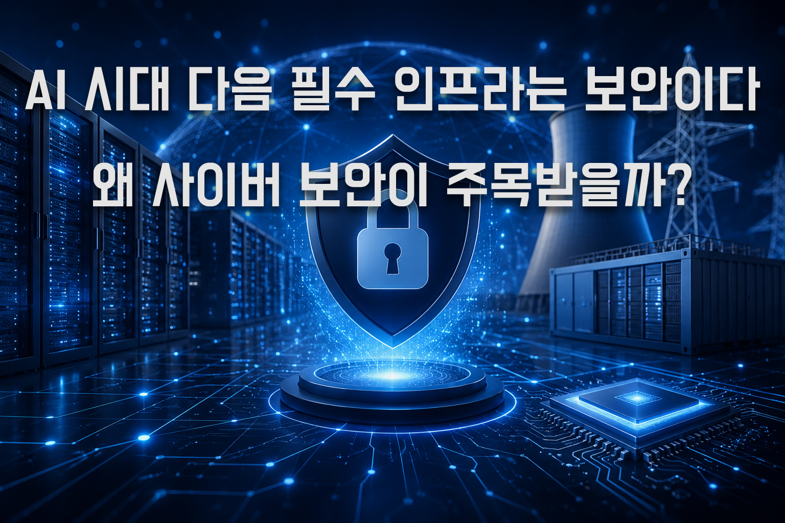 AI 데이터센터와 전력 인프라를 배경으로 디지털 보안 방패가 표현된 사이버 보안 인프라 이미지입니다.