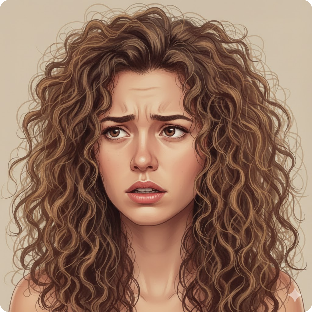 푸석하고 건조한 곱슬머리가 고민인 젊은 여성의 클로즈업 일러스트