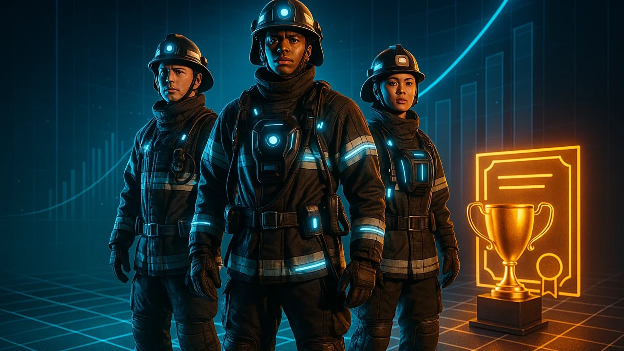 소방관들과 데이터 그래프, 그리고 상금이 함께 어우러져 기회와 혁신을 상징하는 대표 이미지