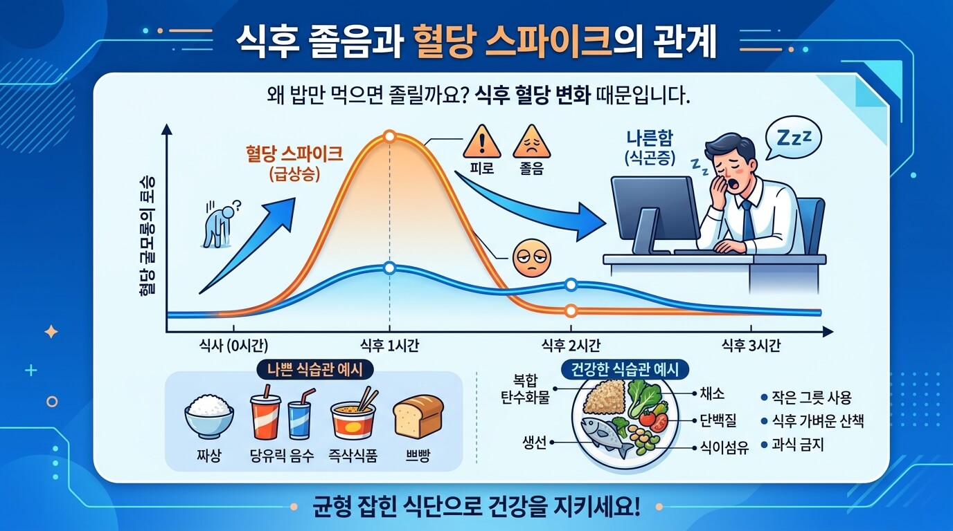 식곤증과 혈당 스파이크의 관계를 설명하는 건강 인포그래픽