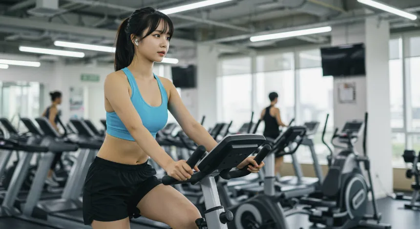 헬스장에서 싸이클을 타고있는 여성 이미지