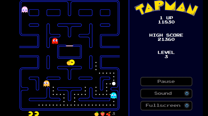 팩맨-게임하기-플레이-팩맨이-과일-아이템을-먹는-화면