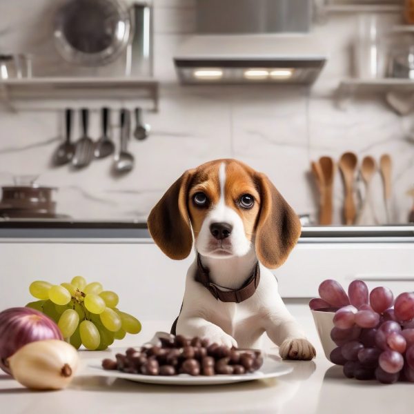 1. 초콜릿, 포도, 양파, 마늘 등 강아지에게 위험한 음식 옆에 앉아 있는 귀여운 비글 강아지