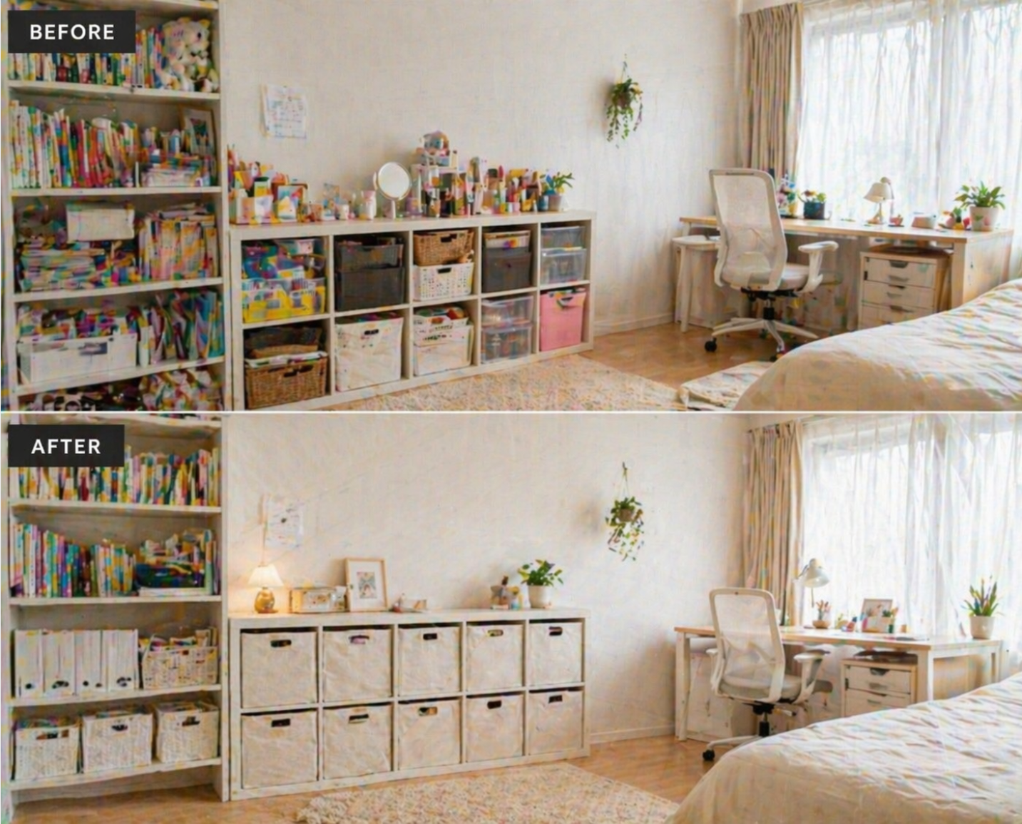 화이트와 베이지 수납박스로 통일감을 준 작은 자취방 인테리어 예시