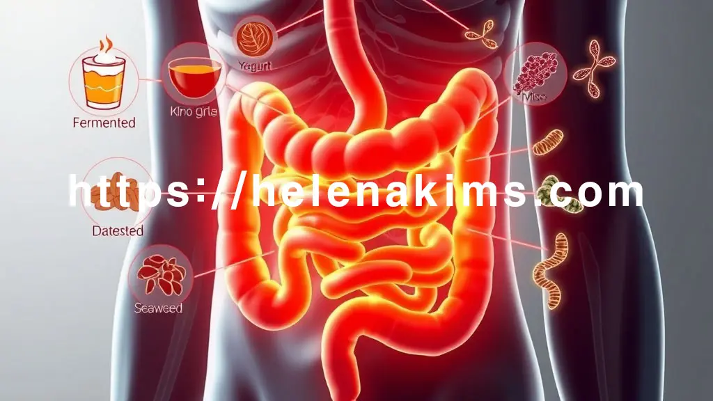 인체 해부도에서 장이 강조되어 환하게 빛나고, 이와 피부가 부드러운 빛의 선으로 연결된 모습. 장 주변에는 요거트, 김치, 된장을 상징하는 발효 음식 아이콘과 통곡물, 콩류, 해조류를 나타내는 식이섬유 아이콘들이 유익균을 의미하는 이이콘들이 있는 이미지.