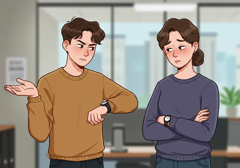 약속 시간에 늦어 시계를 보며 미안한 표정 없이 변명하는 사람의 모습 일러스트