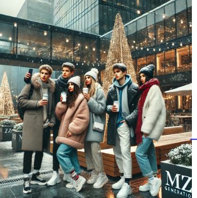 단체 사진을 찍는 MZ세대