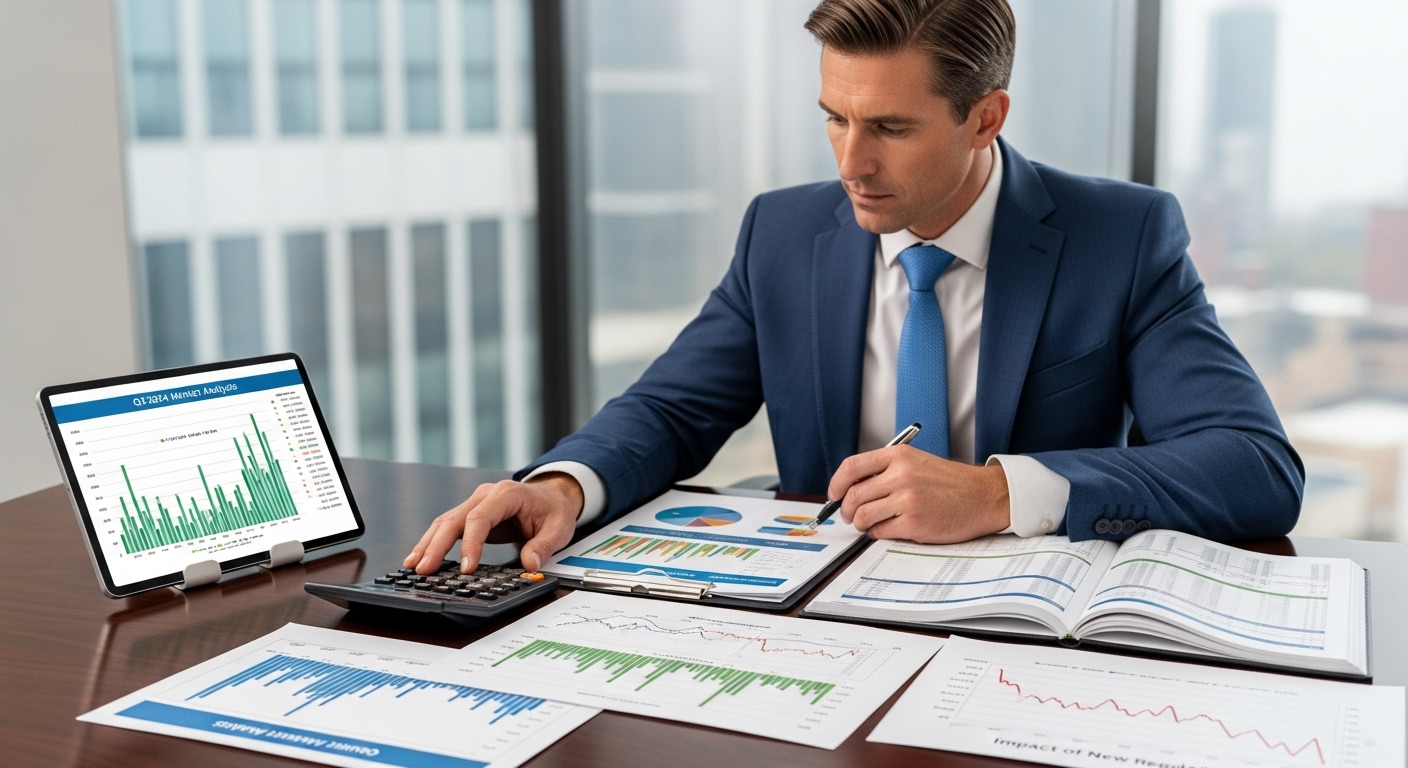 부동산 대출 규제 강화에 따른 시장 영향을 분석하고 재정 계획을 세우는 사람의 모습. 주택 시장 그래프와 금리 차트가 배경에 보입니다.