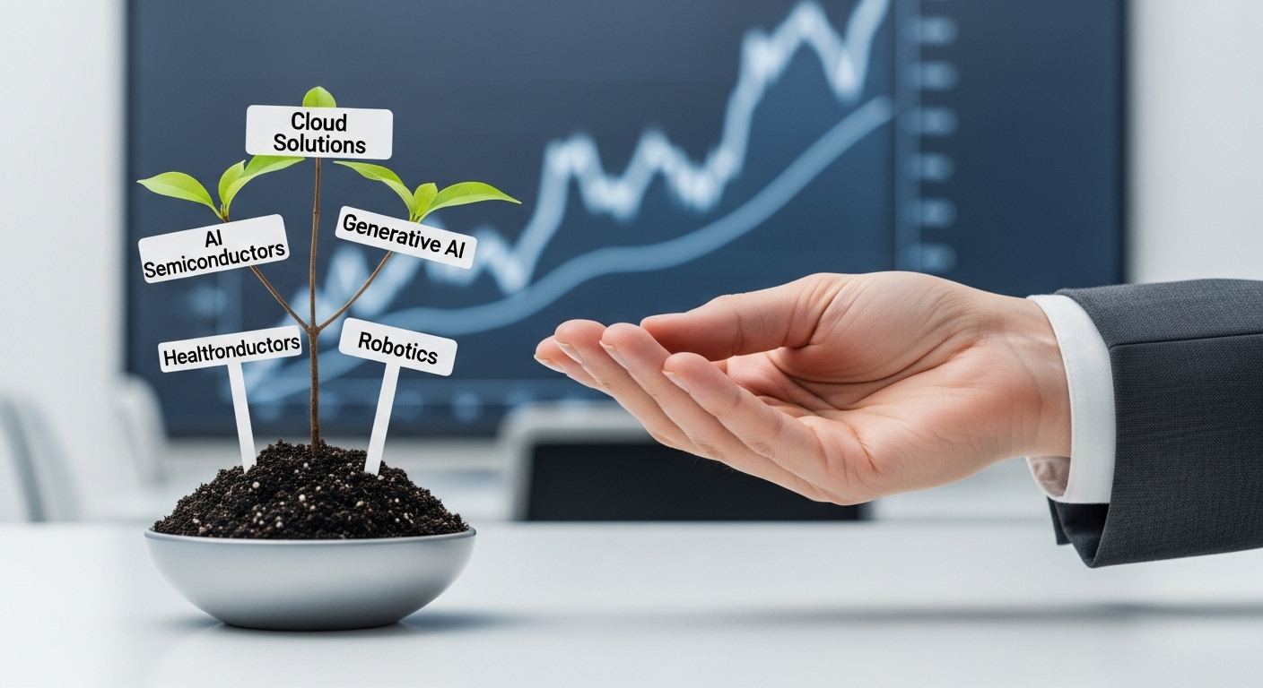 AI 반도체, 클라우드, 생성형 AI, 로봇, 헬스케어 등 다양한 AI 분야로 나뉜 나뭇가지가 심겨진 그림으로 분산 투자를 상징하는 이미지.