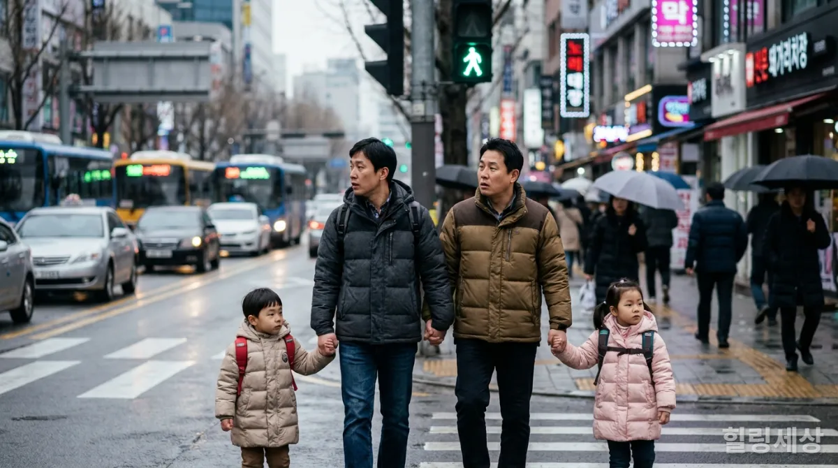한국 가족이 안전하게 횡단보도를 건너는 모습