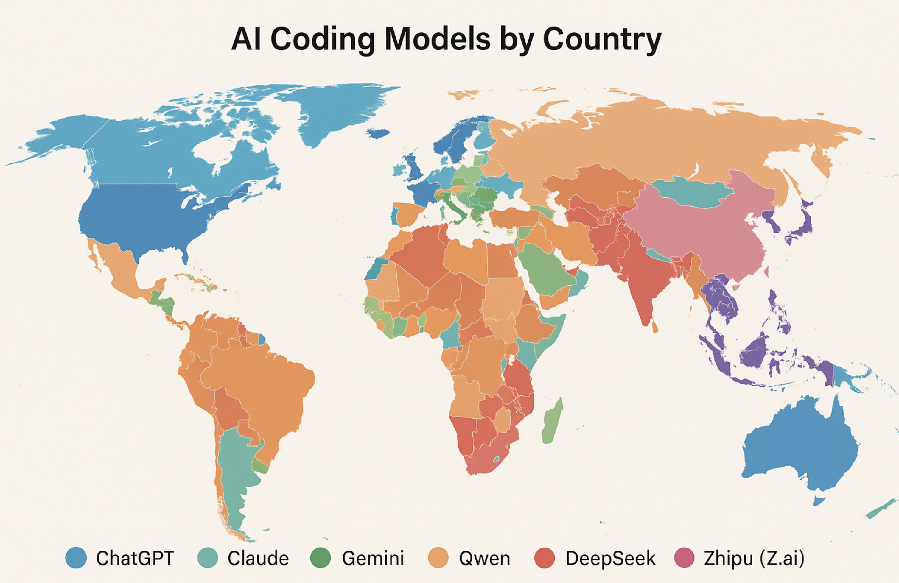 AI 코딩 모델들의 사용지역별 분포도, 병행 사용되는 경우는 혼합색이 사용되었습니다.