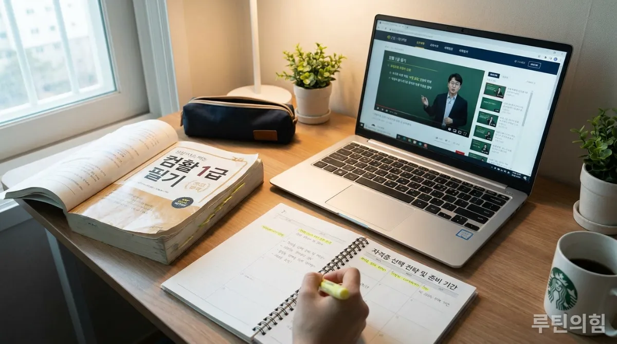 컴활 자격증 공부 계획이 상세히 적힌 플래너를 보고 있는 학생의 손