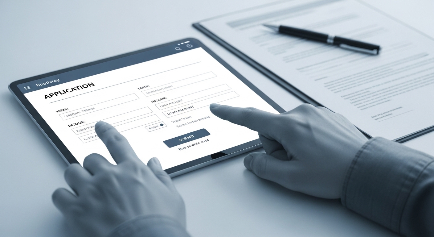 생계비 통장 온라인 신청 과정을 상징하는 이미지, 태블릿 화면의 신청 양식과 서류, 펜이 놓여 있어 간편한 신청 절차를 암시.