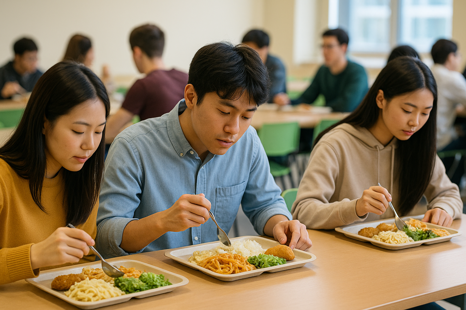 학교나 구내식당에서 식사하는 장면