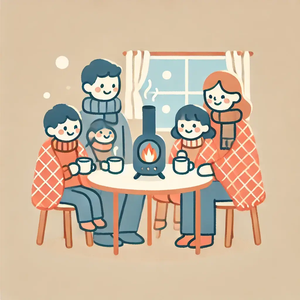 가족이 전기 담요를 사용하며 난방비를 절약하는 따뜻한 순간