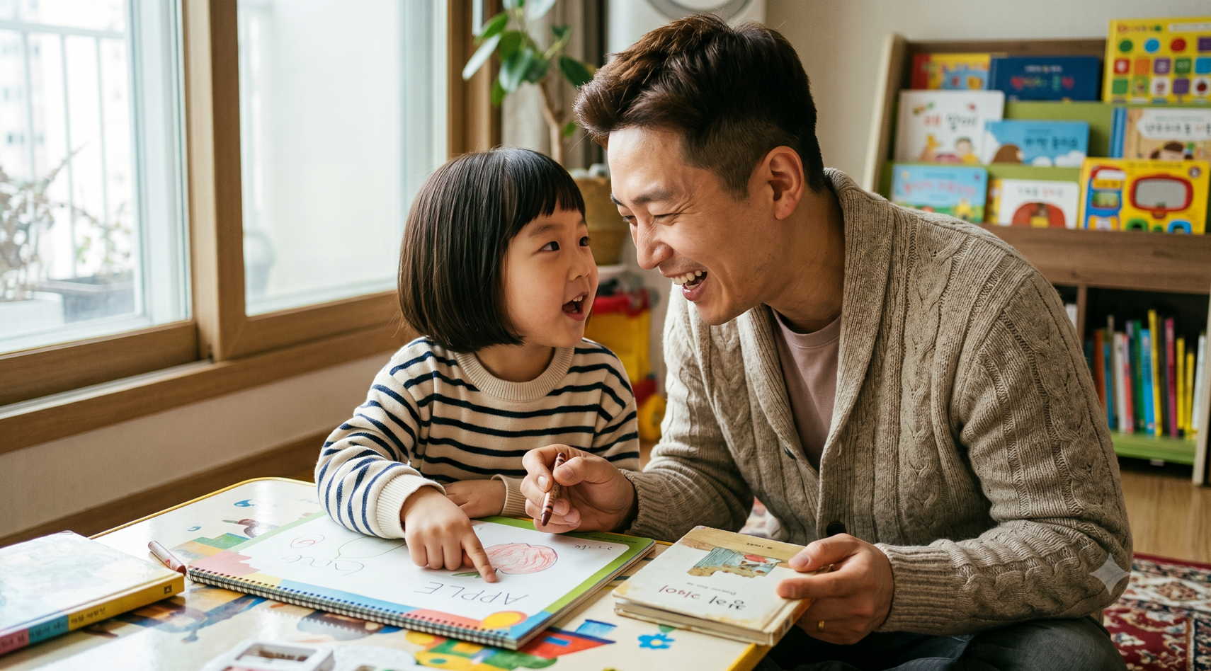 5세 아이 주도적 외국어 학습 메커니즘을 위한 한국형 아파트 거실 아빠와 아이의 다정한 상호작용 이해 가능한 입력 및 아웃풋 루틴 실전 육아 에세이 칼럼 대표 이미지