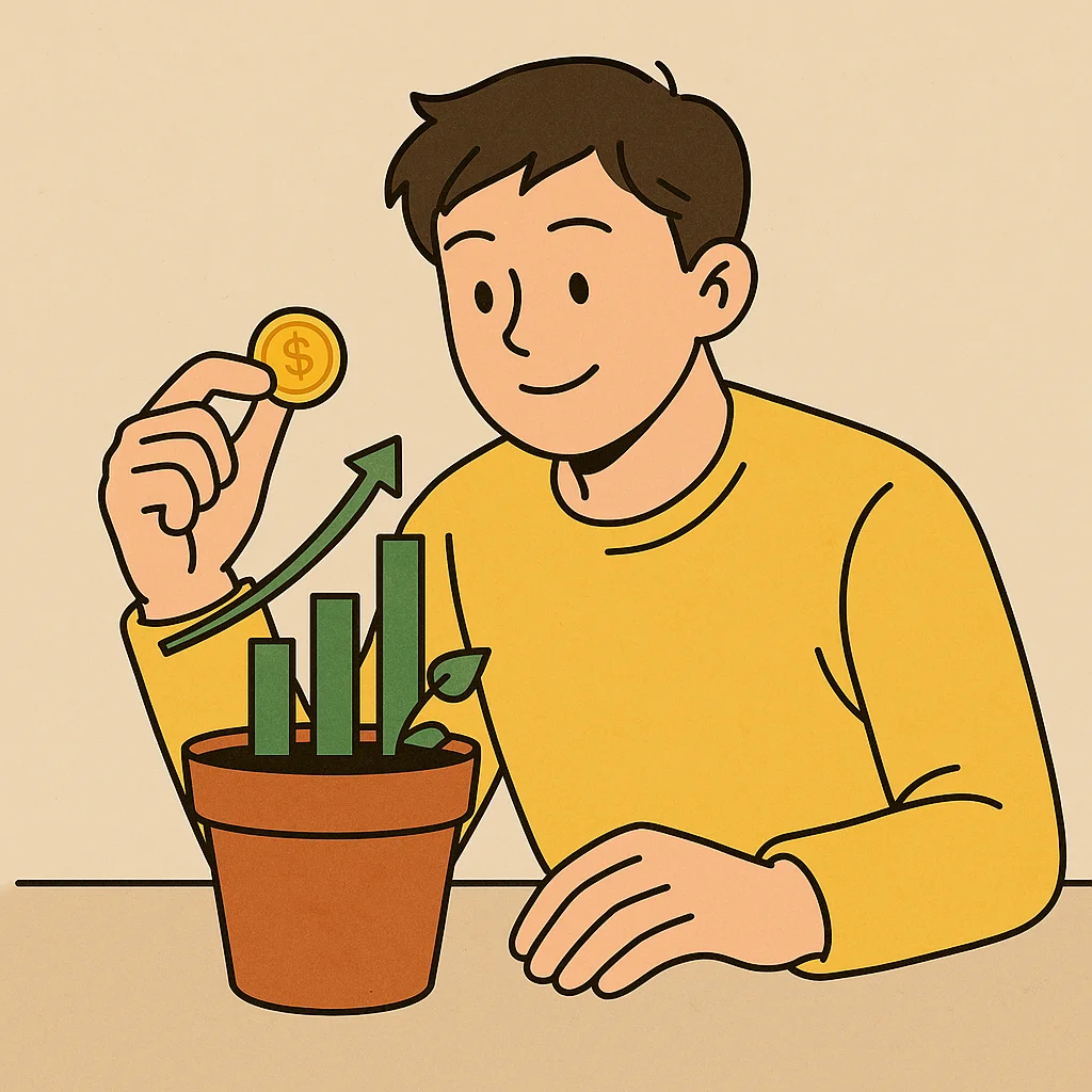 작은 금액을 들고 투자하는 모습을 표현한 청년의 일러스트, 소액 투자 개념 시각화