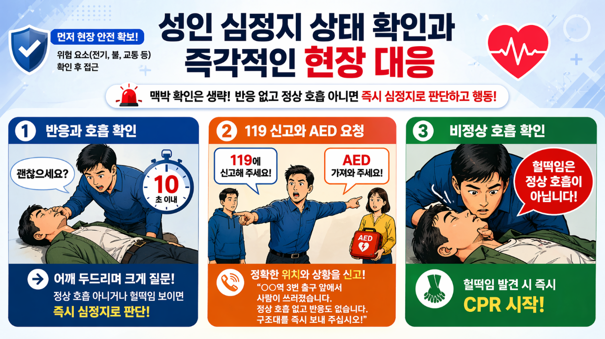 성인 심정지 확인과 즉각 대응 절차, 반응 확인·119 신고·비정상 호흡 판단 안내