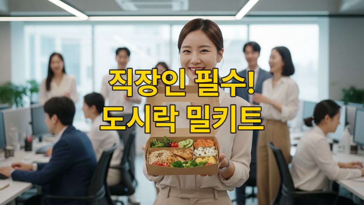 바쁜 한국 직장인이 현대적인 사무실에서 영양 가득한 도시락 밀키트를 들고 밝게 웃고 있는 모습.