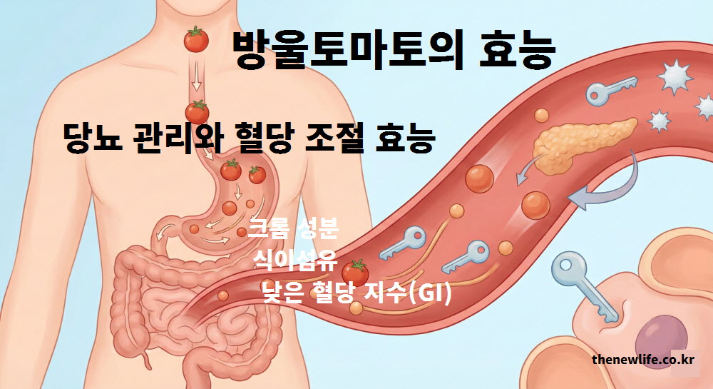 방울토마토 효능이 당뇨 관리와 혈당 조절에 미치는 영향을 설명하는 그래픽