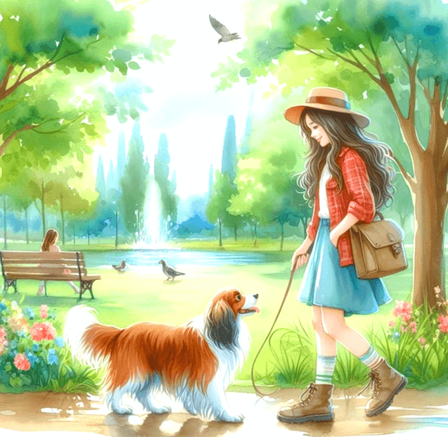 공원에서 긴머리 아가씨가 서서 개를 보며 웃고 있다. 개는 갈색과 하얀 털을 가진 중형 사이즈다.